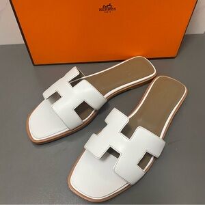 Hermes White Oran Leather Slide Sandals
